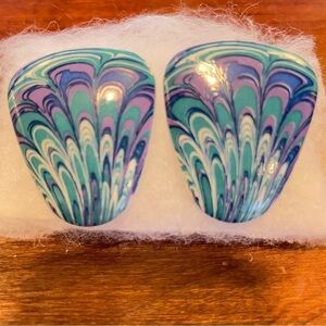 Vintage ceramic costume fashion pierced earrings mermaid peacock swirl marble